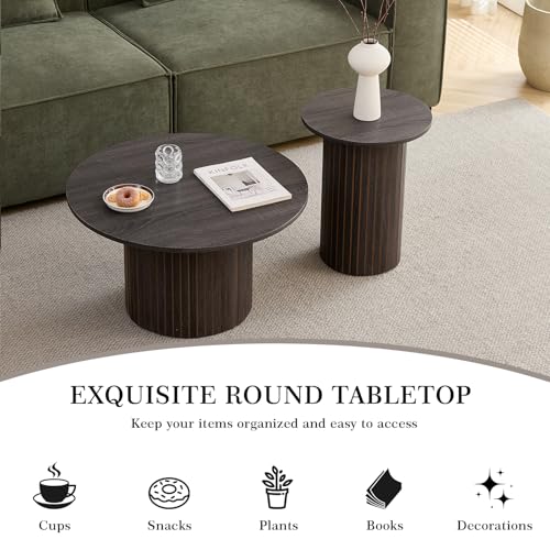 Round Nesting Coffee Table Set of 2 Mid Century Modern Wood Round Coffee Tables with Flexible Small Boho Circle Side Table for Space Saving Living Room Comedor Home Office Bedroom(Black) - color: 2pcs Black