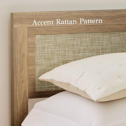 Full Bed Frame with Headboard Wood, Rattan Boho Bedframe with Wooden Slats Surpport, Easy Assembly Platform Bed, No Box Spring Needed, Natrual Walnut - size: Full