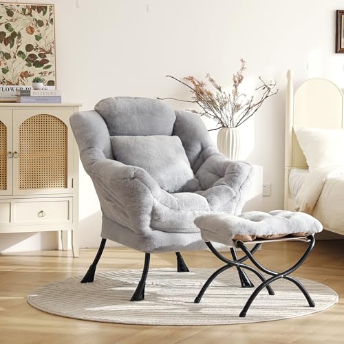 Lazy Chair with Ottoman, Plush Reading Chair with Pillow，Gray | Removable machine-washable cover; includes an extra throw pillow; cozy accent chair for living room, bedroom, dorm or office - color: Plush White Grey-1