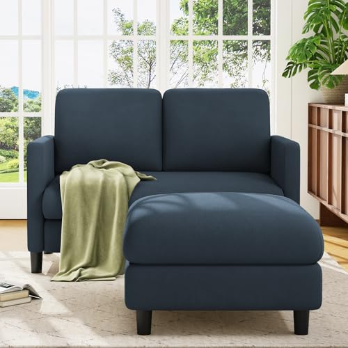 Welzona Loveseat Sofa with Ottoman, 51" Small L Shaped Teddy Couch Sofa | Comfy Teddy Fabric, Tool-free Setup, Washable Covers, All-wood Couch Sets for Living Room, Bedroom, Small Spaces, Blue Grey - color: Blue Grey, size: loveseat & ottoman