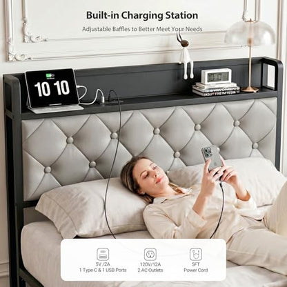 Twin Bed Frame with Button Headboard, PU Leather, All-Metal Support Platform LED Twin Bed with Storage and Charge Station, Easy to Install, Stable, Noise-Free (Grey) - color: Grey