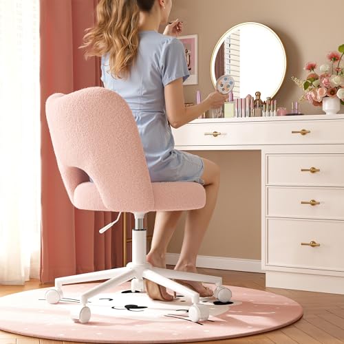 DurayLoly Vanity Chair with Open Back & Wheels,Armless,Pink | Armless,Silent Wheels, Height Adjustable, Soft Teddy Fabric, 360° Swivel for Bedroom Vanity & Home Office, Candy Pink - color: Candy Pink