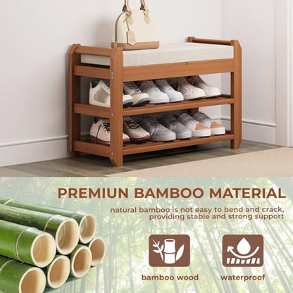 27.6" Bamboo Shoe Bench with Cushion, 5 Hooks Coat Rack, 2-Tier Storage Bench for Entryway, Heavy Duty Shoe Rack Organizer with Removable Soft Cushion for Living Room Bedroom Hallway - size: 27.6" 2-Tier