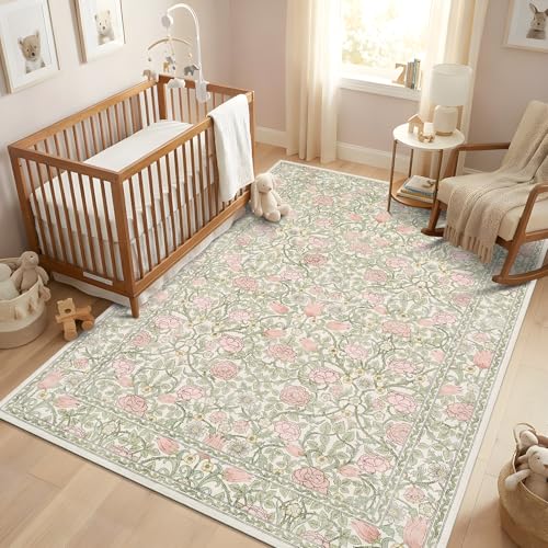 GarveeHome Pink Green Beige Floral 3x5 Area Rug for Nursery Bedroom | Washable Girls Dorm Rug Entryway Doormat Vintage Boho Rugs Low-Pile Non-Slip Stain Resistant TPE Backing - color: A Beige / Pink, size: 3' x 5' (Rectangular)