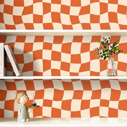 Retro Checkered Wallpaper Peel and Stick Burnt Orange Beige Pink Checkered Contact Paper Waterproof 70s Groovy Mid Century Modern Geometric Wallpaper MCM Wavy Checkerboard Desk Wrap 17.5x80 - size: 17.5" x 80"