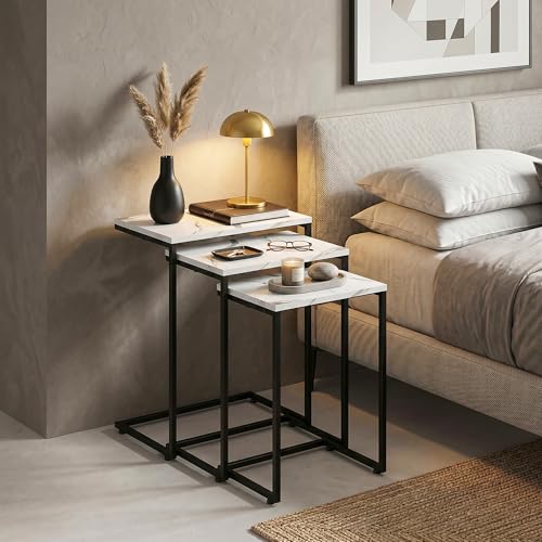 ZenStyle Nesting Coffee Table Set of 5 Side Tables, Industrial C-Shaped End Tables with Wood Table Top & Sturdy Metal Frame Stacking Accent Furniture - color: White