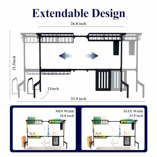 Kitsure Adjustable Over The Sink Dish Drying Rack, 26.8" -33.9"x21.5" | Sink Drying Rack for Kitchen Sink, Dish Rack Over Sink with Cutlery & Utensil Holders, Kitchen Storage, Black - color: Black, size: Large