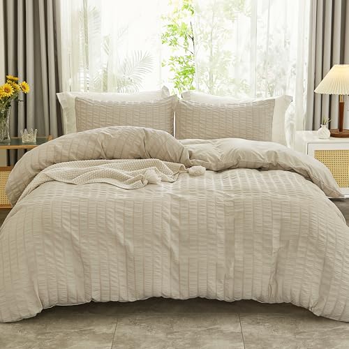 AveLom Beige Duvet Cover Queen Size, Textured Seersucker Duvet Cover Set, Soft Washed Microfiber with Zipper Closure and Corner Ties, 3 Pieces, 90" x 90" Duvet Cover & 2 Pillowcases - color: Beige, size: Queen(90''x90'')