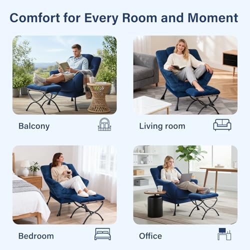 Modern Lazy Chair with Ottoman Lounge Accent Reading Chair for Living Room | Foldable Footstool,Removable Cover,Soft Padded Seat & Backrest,Upholstered Comfy Chair for Bedroom,Dorm,Office,Small Space - color: Velvet Royal Blue