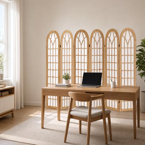 6 Panel Japanese Room Divider, Folding Privacy Screen, Natural | Arched Wood Room Divider, 94.5"W X 66.9"H, Fully Assembled For Bedrooms, Open Rooms, Dining Areas, And Home Offices - color: 6 Panel Natural, size: 6 Panel