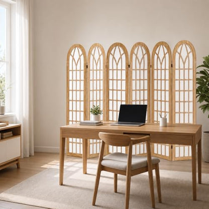 6 Panel Japanese Room Divider, Folding Privacy Screen, Natural | Arched Wood Room Divider, 94.5"W X 66.9"H, Fully Assembled For Bedrooms, Open Rooms, Dining Areas, And Home Offices - color: 6 Panel Natural, size: 6 Panel