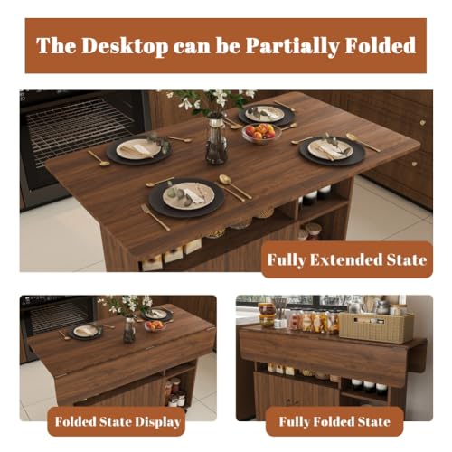 Folding Dining Table with Wheels, Drop Leaf Dinner Table with 2-Layer Storage, Space Saving Table for Small Spaces, Kitchen, Dining Room (Walnut) - color: Walnut