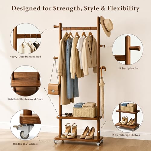 Coat Rack Freestanding Solid Wood Clothes Rack with Wheels | Space Saving, Stable 5 Hooks 2 Shelves Coat Tree, Silent 360 Degree Wheels, Heavy Duty 150 lb Capacity for Entryway Bedroom - color: Walnut Brown, size: L: 23.6" x W: 11.8" x H: 70.9" (With Whee