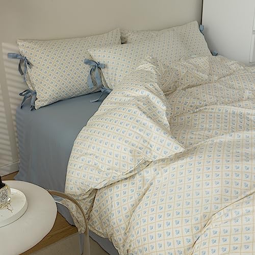 Blue Floral Duvet Cover Twin Soft Cotton Garden Style Floral Bedding Comforter Cover Plaid Grid Design Vintage Blue Flower Duvet Cover with 2 Bowknot Pillowcases Botanical Cottagecore Bedding Set - color: A1# 01-6 Bow Tie Bloom Blue, size: Twin(68"x86")