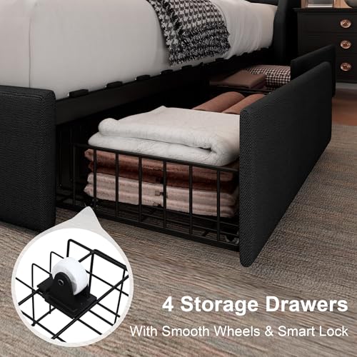 Feonase Upholstered King Size Bed Frame with 4 Storage Drawers, Large Wingback Headboard, No Box Spring Needed, Black - color: Black, size: King