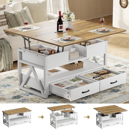 40" Lift Top Coffee Table with Storage,White | 4 in 1 Multi-Function Lifting top Coffee Tables with Storage Drawers and Hidden Compartmen,for Living Room - color: White+brown