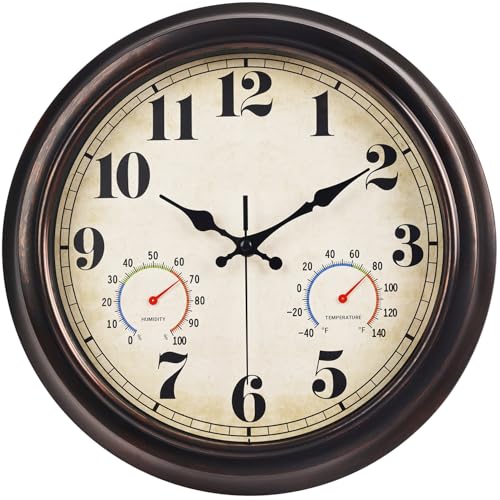 JENLYSTIME 13 Inch Dark Brown Vintage Waterproof Indoor/Outdoor Wall Clock with Thermometer & Hygrometer Large Silent Numerals & Accurate Timekeeping for Living Room, Porch&Garden&Pool - color: 13 Dark Brown