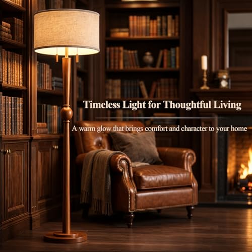 MOFFE Solid Wood Floor Lamp for Living Room with Wooden Pull Chains | 62.8" Tall,Sculptural Wood Base & Stem,17" Linen Drum Shade,2-Light Standing Lamp for Bedroom & Reading Corner,Bulbs Included - color: Amber Walnut