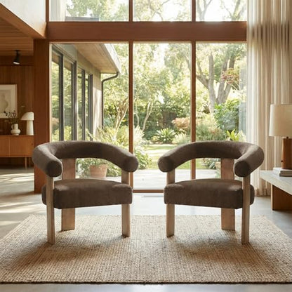 VKNOW Barrel Accent Chairs Set of 2 with Armrests and Rubberwood Legs | Mid Century Modern Upholstered Living Room Chairs with Open Back, Chenille Fabric, arm chair for Living Room, Bedroom, Brown - color: Brown, size: Set of 2