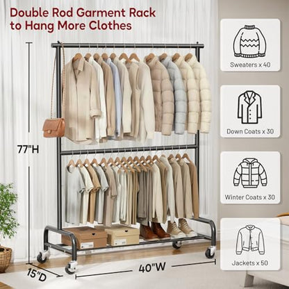 SLEEPING LAMB Heavy Duty Clothes Rack with Wheels, Metal Rolling Garment Rack for Hanging Coats, Shirts (Black) - color: Black, style: Double Rod