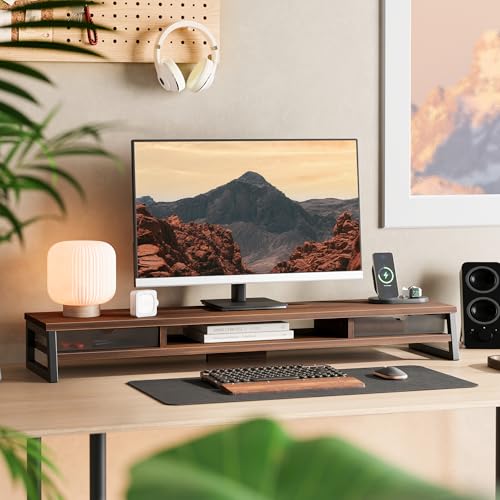 Fenge Dual Monitor Stand Riser, 42.5in Desk Shelf with 2 Drawers, Brown | 2-Tier Monitor Shelf for Desk, Storage Drawer with Stopper, Frosted, fit Home Office, Ultrawide Screen, PC, Laptop, TV - color: Brown