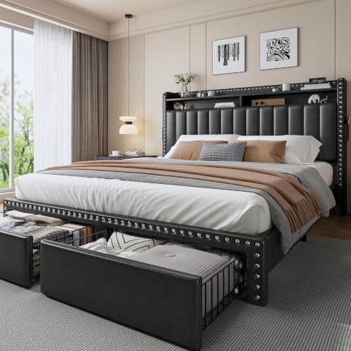 EnHomee Queen Bed Frame with 2 Drawers & 2-Tier Storage Headboard,Black | 2 side pockets, Luxurious Faux Leather Upholstered, 1000lbs Heavy Duty for Bedroom Apartment, Noise-Free, Easy Assembly - color: Black, size: Queen