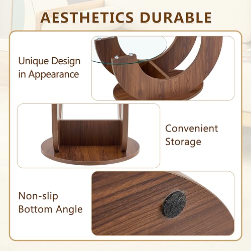Modern Glass Coffee Table, 31.8" U-Shaped Wood Base Side Table with Tempered Glass Top, 2-Tier Round Accent Table with Walnut Finish for Living Room, Bedroom, Office - color: Walnut, size: 31.8" U-Shaped