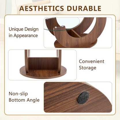Modern Glass Coffee Table, 31.8" U-Shaped Wood Base Side Table with Tempered Glass Top, 2-Tier Round Accent Table with Walnut Finish for Living Room, Bedroom, Office - color: Walnut, size: 31.8" U-Shaped