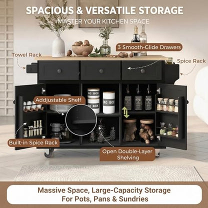 53'' Mobile Kitchen Island with Seating, Rolling Kitchen Island with Storage and Drop Leaf, 3 Drawers Islands Cart Rubberwood Top, 2 Open Shelves, Isla para Cocina, Black + 2 StooIs