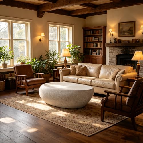 Fiberglass Coffee Table,Faux Stone Finish Indoor Outdoor Weatherproof Accent Table (43.31'') - color: 43.31'' Cream White