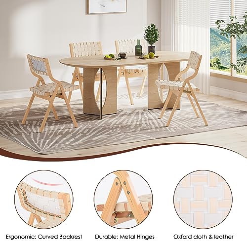 Wood Folding Chairs, Foldable Chairs Wooden Indoor Stackable Dining Chairs for Kitchen & Dining Room Chair Woven Seat & Webbing Back, Dining Chair Set of 2 - color: Beige/Natural, Pu Leather
