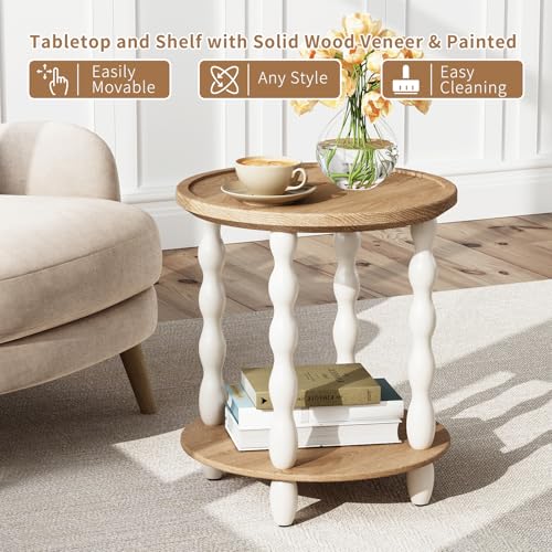 karlott Round Side Table, 2-Tier Farmhouse End Tables Living Room, Beige | Pine Leg, Weathered Handcrafted Wood Nightstand, Boho Round Nightstand, Easy Assembly for Living Room, Bedroom, Small Space - size: 2 Tier End Table 18.5 Inches