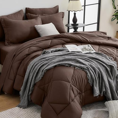 7-Piece Oversized Queen Comforter Set, Brown | Reversible, All-Season, Soft, 7 Piece Set, All-Season Reversible Bed in a Bag, Flat Sheet, Fitted Sheet, Pillowcases - color: Brown, size: Oversized Queen