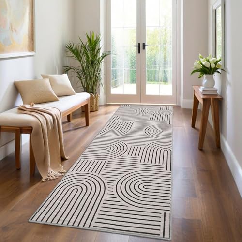 ROYHOME Modern 2.5x8 Hallway Runner Rug Non Slip Kitchen Rug LightCamel | Abstract Washable Mat, Rainbow Geometric Runners Rugs for Bedroom, Long Rugs for Entryway Arch Pattern Bathroom Laundry Dorm - color: Light Camel, size: 2'6" x 8' (Rectangular)