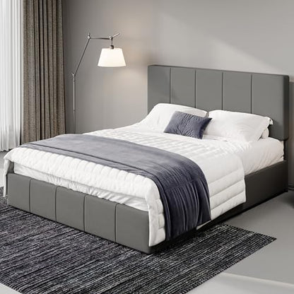 Allewie Queen Size Dutch Velvet Upholstered Platform Bed Frame/Vertical Channel Tufted Adjustable Headboard/Low Profile Bed Frame/No Box Spring Needed/Easy Assembly/Grey - color: Grey, size: Queen