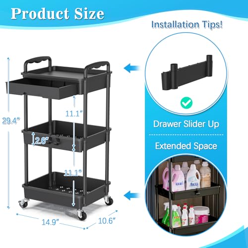 SUNALLY 3 Tier Rolling Cart with Drawer, Craft Storage Cart Organizer,Black | Bathroom Storage Organizer with 2 Lockable Wheels, Rolling Utility Cart for Kitchen, Office, Baby, Makeup, Nail,Snack,Laundry - color: Black, size: 3 Tier