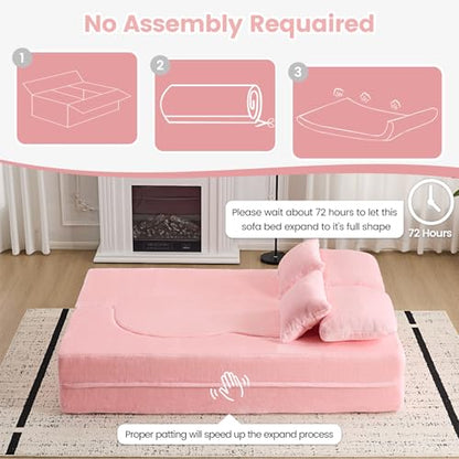 78” Convertible Sofa Bed, Full Size Sleeper Couch, Pink | Boneless Folding Loveseat, Deep Seat, Soft Chenille, 4 Pillows, No Assembly, for Guest Living Room Bedroom - color: Pink, size: 78"