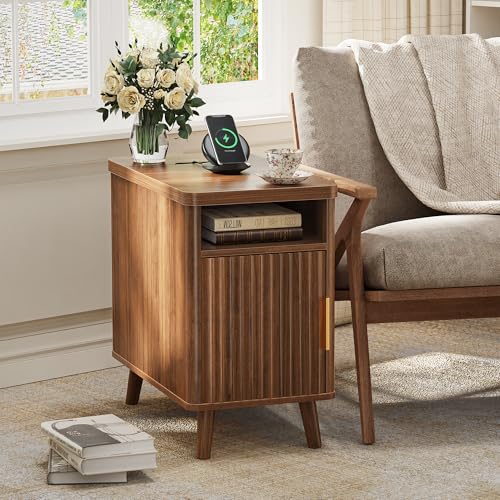 Huuger Narrow End Table with Charging Station, USB-C Port | Fluted Nightstand with Storage Cabinet, Back Rack, Farmhouse Side Table for Small Spaces, Night Stand, Walnut - color: Walnut