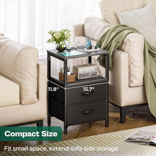 Huuger Nightstand with Charging Station, Side Table with Fabric Drawers, End Table with Open Shelf, Bedside Table with USB Ports and Outlets, Night Stand for Bedroom, Charcoal Gray | End Table with Open Shelf, Bedside Table with USB Ports and Outlets, Nig