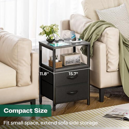 Huuger Nightstand with Charging Station, Side Table with Fabric Drawers, End Table with Open Shelf, Bedside Table with USB Ports and Outlets, Night Stand for Bedroom, Charcoal Gray | End Table with Open Shelf, Bedside Table with USB Ports and Outlets, Nig