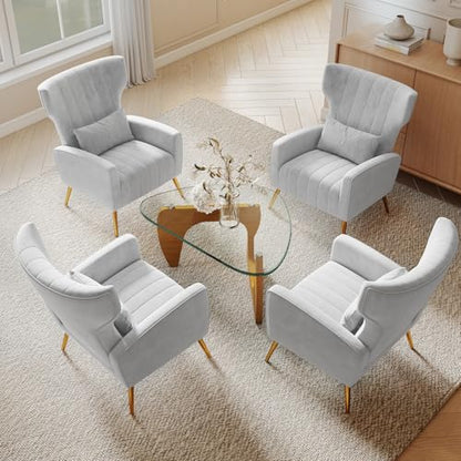 Nebuaegis Light Gray Velvet Accent Chair Set of 4, Wingback Chair for Living Room, High Back Arm Chair with Golden Legs Lumbar Pillow, Upholstered Single Sofa Bedroom - color: Light Gray, size: Set of 4