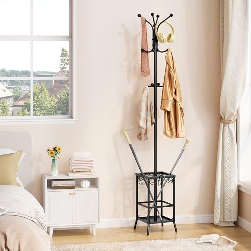 Hoctieon Coat Rack Freestanding, Coat Tree with Umbrella Holder, Metal Coat Rack Stand with 12 Hooks, Standing Coat Hanger Stand, Umbrella Stand for Entryway, Hat Rack Stand for Home Office, Black - color: Black