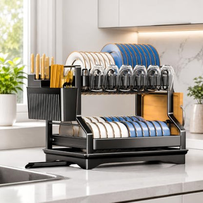 Fandian Black Dish Drying Rack 2 Tier Dish Racks for Kitchen Counter and Sink, Large Dish Drying Rack with Drainboard & Utensil Holders Stainless Steel Dish Drainers Kitchen Organization and Storage - color: Black Dish Racks