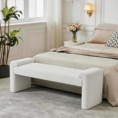 Upholstered Entryway Bench, 58.7" Modern Bedroom Bench, White | Sherpa Fleece, Curved Armrests, Solid Wood Frame, End of Bed, Bedroom, Living Room, Hallway - color: White-sherpa, size: 58.7"