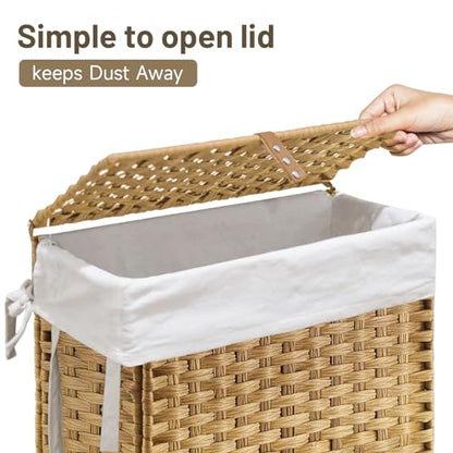 70L Slim Laundry Hamper with Lid & Wheels, 2-Park Rolling Laundry Basket with 4 Removable Liner Bags & 3 Mesh Bags, Narrow Dirty Clothes Basket, Foldable Handwoven Rattan Laundry Sorter, Natural - color: Natural
