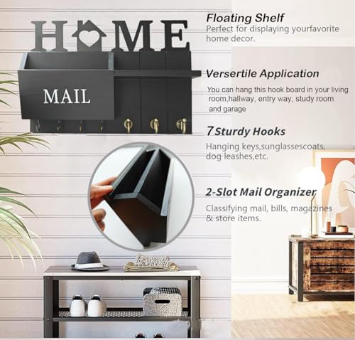 Rustic Wall Key Holder with Shelf & Hooks - Mail Organizer for Entryway | Wooden Key Rack for Keys, Coats, Dog Leash-Black - color: Black