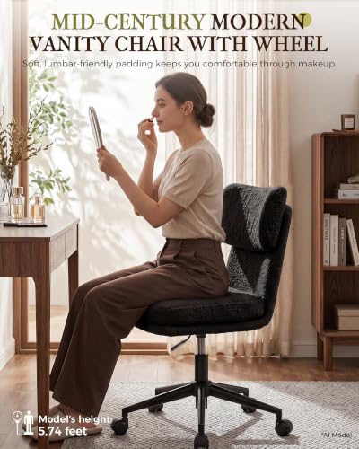 COMHOMA Vanity Chair with Ergonomic Curved Backrest, Home Office Desk Chair with Silent Wheel, Wide Seating Computer Chair for Girls Women Bedroom, Soft Teddy Fabric, Black - color: Black, Teddy Fleece