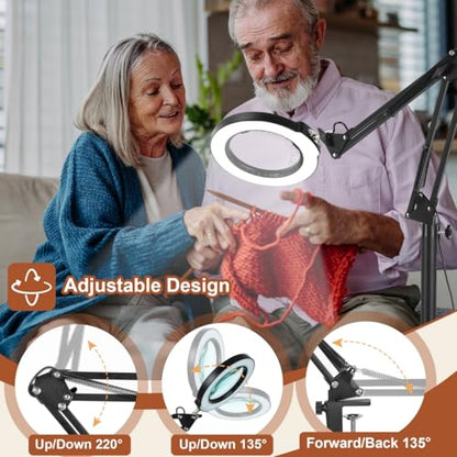 LANCOSC 15X Magnifying Glass with Light and Stand, Real Glass Lens, 5 Color Modes Dimmable, 3-in-1 Adjustable Swing Floor Lamp, LED Lighted Hands Free Magnifier & Clamp for Reading, Crafts, Painting - color: Black