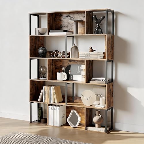 Garvee 5-Tier Bookshelf, Tall Geometric Bookcase, Modern Room Divider & Display Shelf with Anti-Tipping Devices, Mid Century Bookshelf for Living Room, Home Office | Display Shelf with Anti-Tipping Devices, Mid Century Bookshelf for Living Room, Home Offi