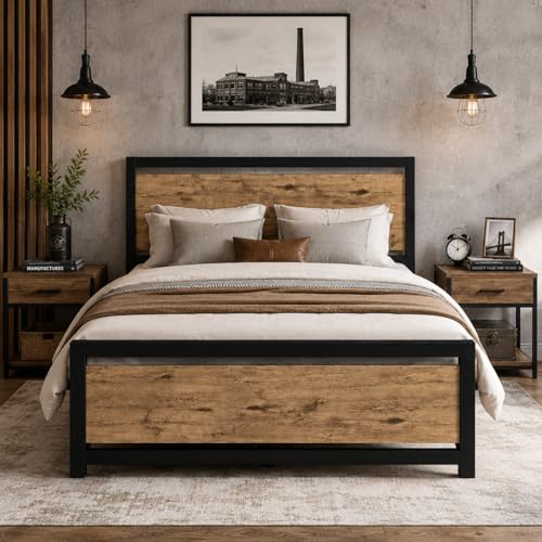Queen Bed Frame with Headboard, Queen Metal Platform Bed Frame with Steel Slat Support, 10.5 in Storage Clearance, No Box Spring Needed, Easy Assembly, Black Brown - color: Black&brown, size: Queen